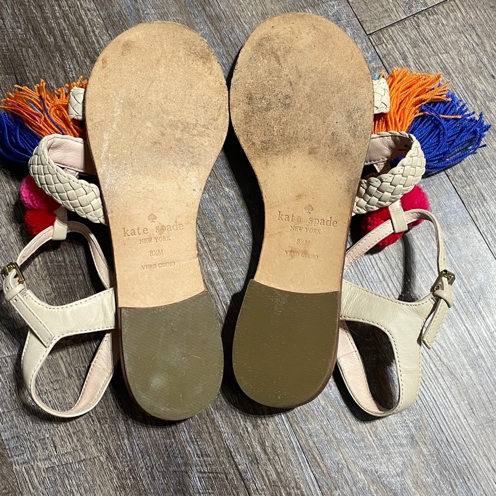Kate Spade Braided Leather Pom Pom Fringe Tassel Gladiator Sandals - Picture 3 of 6